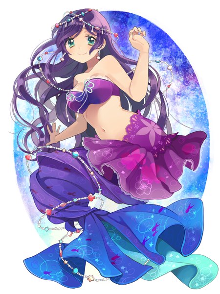 Anime picture 2250x3000 with love live! school idol project sunrise (studio) love live! toujou nozomi shigure ui single long hair tall image looking at viewer blush highres light erotic smile green eyes payot purple hair floating hair floral print girl skirt