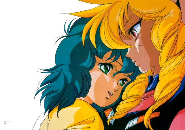Anime picture 3200x2265 with iczer iczer-one (character) nagisa kanou hirano toshihiro highres short hair simple background blonde hair white background multiple girls green eyes absurdres profile scan aqua hair official art orange eyes dark skin drill hair oldschool