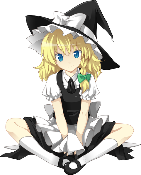 Anime picture 7395x9223 with touhou kirisame marisa paperjoey single long hair tall image highres blue eyes blonde hair smile sitting absurdres braid (braids) single braid transparent background indian style girl dress bow hair bow