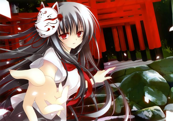 Anime picture 4599x3229 with original eshi 100-nin ten natsuki coco single long hair looking at viewer highres red eyes absurdres grey hair mask on head girl shirt petals mask torii