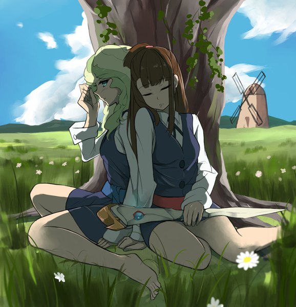 Anime picture 1126x1168 with little witch academia studio trigger kagari atsuko diana cavendish danny1128 long hair tall image blush fringe brown hair sitting multiple girls sky cloud (clouds) outdoors blunt bangs eyes closed profile barefoot green hair
