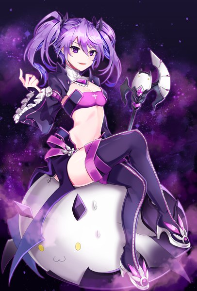 Anime picture 1300x1919 with elsword aisha landar void princess (elsword) angkor (elsword) hamericano single long hair tall image looking at viewer fringe open mouth light erotic hair between eyes sitting purple eyes twintails cleavage purple hair full body wide sleeves