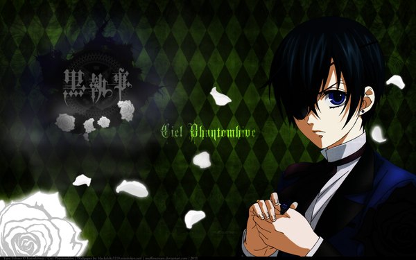 Anime picture 1920x1200 with kuroshitsuji a-1 pictures ciel phantomhive single looking at viewer highres short hair blue eyes black hair wide image inscription checkered background boy flower (flowers) earrings ring eyepatch