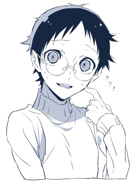 Anime picture 901x1200 with yowamushi pedal onoda sakamichi natsuko (bluecandy) single tall image looking at viewer short hair open mouth simple background white background upper body sweat monochrome ? boy glasses turtleneck