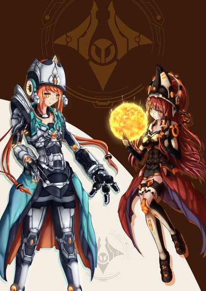 Anime picture 1654x2339 with starcraft blizzard entertainment talandar wakaura asaho long hair tall image looking at viewer fringe simple background multiple girls yellow eyes red hair orange hair shadow glowing glowing eye (eyes) personification glowing weapon girl weapon