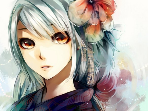 Anime picture 1400x1050 with original matsunaka hiro single long hair looking at viewer fringe highres open mouth red eyes blue hair japanese clothes hair flower girl hair ornament
