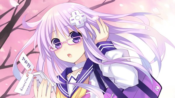 Anime picture 1366x768 with choujigen game neptune nepgear tsunako single long hair blush fringe open mouth wide image purple eyes purple hair wallpaper cherry blossoms spring girl uniform hair ornament plant (plants) petals tree (trees)