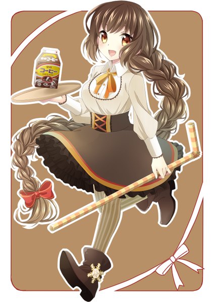 Anime picture 1000x1414 with original yukijirushi i m a single long hair tall image looking at viewer open mouth smile brown hair braid (braids) orange eyes girl dress bow tray