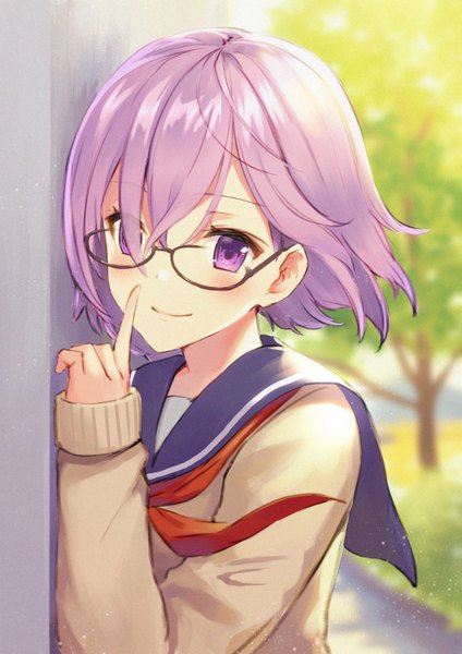Anime picture 566x800 with fate (series) fate/grand order mash kyrielight haru (hiyori-kohal) single tall image looking at viewer blush fringe short hair purple eyes purple hair upper body outdoors wind finger to mouth girl uniform plant (plants) tree (trees)