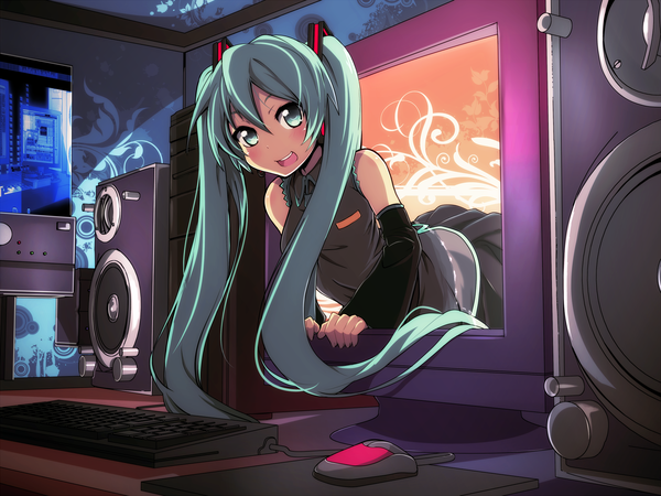 Anime picture 1920x1440 with vocaloid hatsune miku tom (drpow) single long hair looking at viewer blush highres open mouth twintails aqua eyes aqua hair girl detached sleeves monitor computer keyboard computer mouse