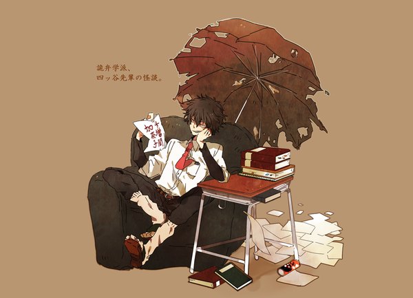 Anime picture 1247x900 with kiben gakuha, yotsuya senpai no kaidan  (manga) buntaro yotsuya sakana single short hair black hair simple background sitting arm support boy shirt necktie book (books) umbrella pants paper armchair desk