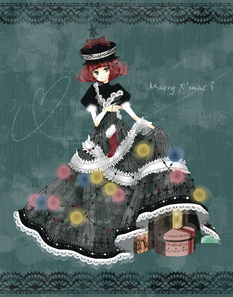 Anime picture 1024x1307 with original mirusa single tall image short hair smile green eyes red hair christmas merry christmas heart of string girl dress bow ribbon (ribbons) hat heart gift garland