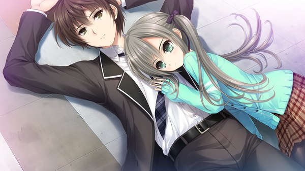 Anime picture 1280x720 with semiramis no tenbin inei fumika long hair short hair blue eyes black hair wide image twintails brown eyes game cg grey hair loli couple girl boy skirt uniform bow hair bow school uniform