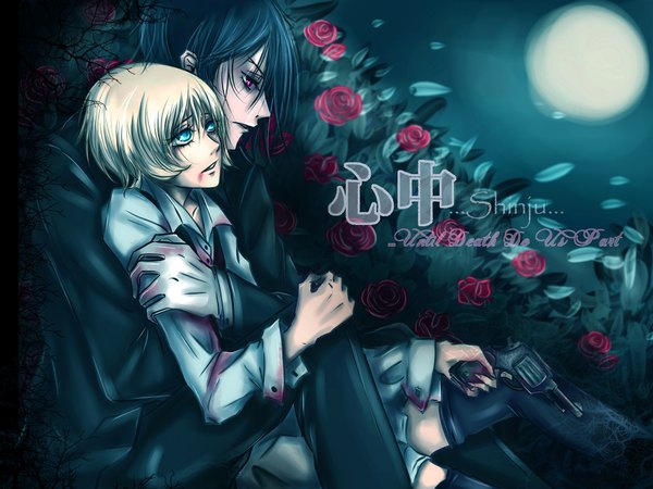 Anime picture 2000x1500 with kuroshitsuji a-1 pictures sebastian michaelis alois trancy saito yukihiro highres short hair black hair blonde hair pink eyes aqua eyes night hug shounen ai thighhighs boy flower (flowers) shirt rose (roses) gun