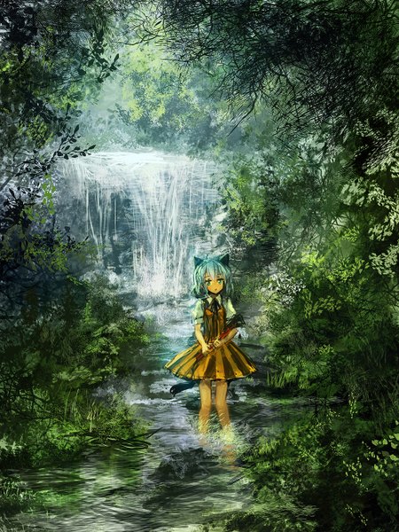 Anime picture 1000x1334 with original lm7 (op-center) single tall image short hair blue eyes animal ears blue hair cat ears cat girl cat tail river waterfall girl dress plant (plants) tree (trees) water