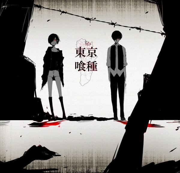 Anime picture 1000x960 with tokyo ghoul studio pierrot kaneki ken kirishima touka imirai looking at viewer fringe short hair black hair red eyes hair over one eye inscription girl boy shirt jacket shorts blood pants