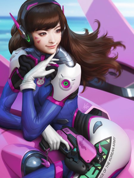 Anime picture 976x1300 with overwatch blizzard entertainment d.va (overwatch) meka (overwatch) artgerm (stanley lau) single long hair tall image smile brown hair holding brown eyes signed looking away sky lips blurry realistic inscription facial mark
