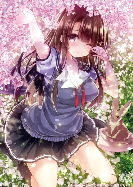 Anime picture 662x926 with saenai heroine no sodatekata a-1 pictures katou megumi kabocha usagi single long hair tall image looking at viewer blush fringe breasts brown hair sitting cleavage one eye closed arm up black eyes cherry blossoms wariza spring