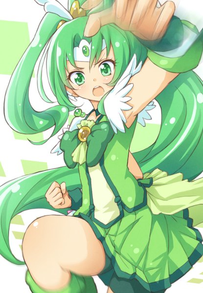 Anime picture 689x996 with precure smile precure! toei animation midorikawa nao cure march tokunou shoutarou single tall image looking at viewer blush open mouth green eyes bent knee (knees) ponytail very long hair green hair :o magical girl girl dress