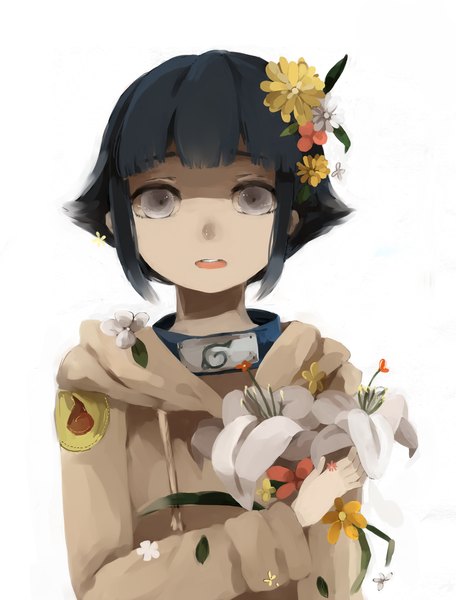 Anime picture 1731x2275 with naruto studio pierrot naruto (series) hyuuga hinata matchazi single tall image looking at viewer highres short hair black hair simple background white background hair flower grey eyes girl hair ornament flower (flowers) bandana forehead protector