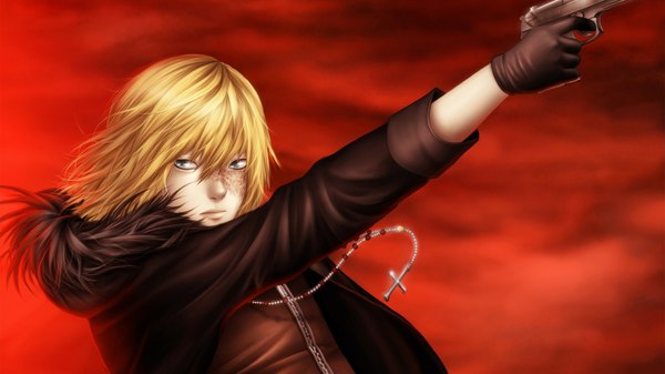 Anime picture 1920x1080 with death note madhouse mello (mihael keehl) tagme (artist) single looking at viewer highres short hair blue eyes blonde hair wide image open clothes open jacket red background boy weapon gun cross beads prayer beads
