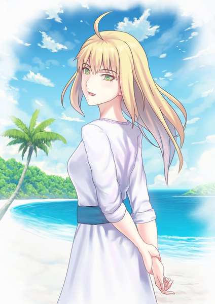 Anime picture 744x1052 with fate (series) fate/stay night artoria pendragon (all) saber fateline alpha single long hair tall image looking at viewer blush fringe breasts blonde hair hair between eyes standing green eyes sky cloud (clouds) upper body ahoge