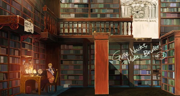 Anime picture 1800x962 with axis powers hetalia studio deen tagme (character) prussia (hetalia) germany (hetalia) nuaaa highres blue eyes blonde hair wide image signed indoors eyes closed sleeping boy book (books) shelf bookshelf library