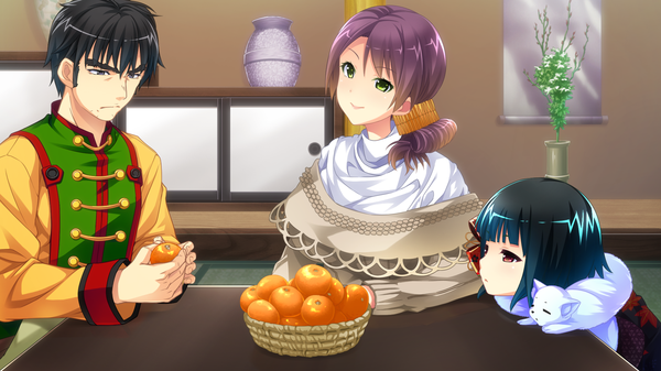 Anime picture 1920x1080 with baka moe heart ni ai wo komete! tachibana erika highres short hair black hair smile red eyes wide image multiple girls green eyes game cg purple hair loli girl dress boy 2 girls animal fruit tangerine