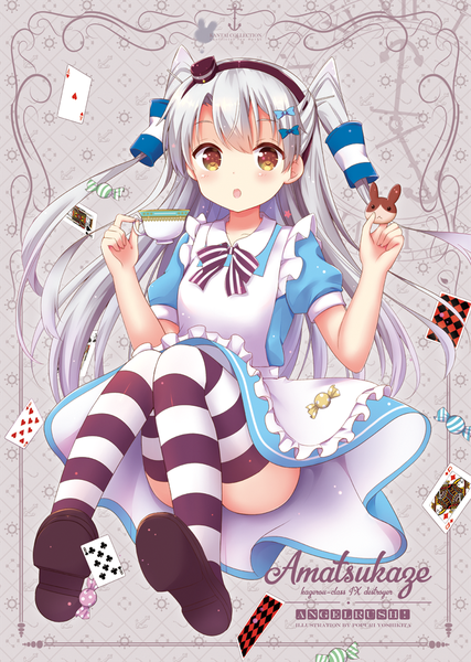Anime picture 733x1029 with kantai collection alice in wonderland amatsukaze destroyer alice (wonderland) yoshikita popuri single long hair tall image looking at viewer blush open mouth light erotic holding brown eyes silver hair :o two side up cosplay alice (wonderland) (cosplay) girl