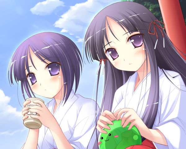 Anime picture 2560x2048 with happiness takamine koyuki long hair blush highres short hair black hair purple eyes multiple girls sky purple hair cloud (clouds) miko girl 2 girls