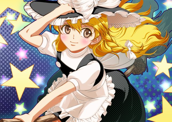 Anime picture 4093x2894 with touhou kirisame marisa hayosena (artist) single long hair blush highres blonde hair brown eyes absurdres broom riding girl star (symbol) apron broom