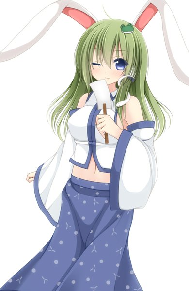 Anime picture 985x1515 with touhou kochiya sanae chimunge single long hair tall image looking at viewer blush blue eyes simple background white background animal ears one eye closed green hair wink bunny ears bunny girl reisen udongein inaba (cosplay) girl dress