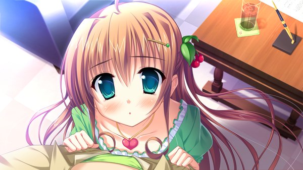 Anime picture 1280x720 with magical marriage lunatics!! shirahase yuuna yamakaze ran long hair looking at viewer blush blue eyes brown hair wide image game cg girl dress hair ornament