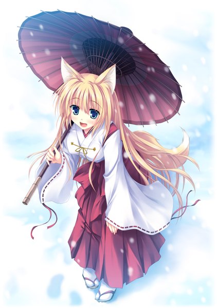 Anime picture 1055x1500 with tateha (marvelous grace) long hair tall image blush open mouth blonde hair green eyes animal ears traditional clothes fox ears fox tail fox girl snowing winter snow miko girl umbrella