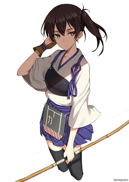 Anime picture 636x900 with kantai collection kaga aircraft carrier fame peera single tall image short hair simple background brown hair white background signed yellow eyes looking away traditional clothes japanese clothes from above zettai ryouiki side ponytail girl thighhighs gloves