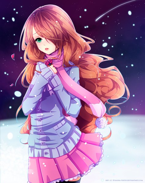 Anime picture 1000x1264 with original hyanna-natsu single long hair tall image fringe green eyes pleated skirt lips hair over one eye orange hair night night sky snowing winter snow girl thighhighs skirt black thighhighs