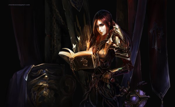 Anime picture 1450x895 with world of warcraft blizzard entertainment chenbo single long hair wide image red hair realistic magic fantasy girl weapon sword armor book (books) insect butterfly chain shield
