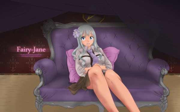 Anime picture 2560x1600 with fairy tail mirajane strauss single long hair highres open mouth blue eyes wide image white hair hair flower inscription wallpaper legs girl hair ornament necktie pillow couch