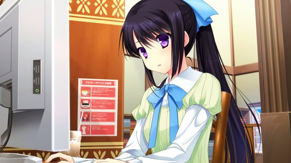 Anime picture 2560x1440 with noblesse of rouge chuablesoft oohinata rui kunai uri single long hair fringe highres black hair wide image sitting purple eyes game cg ponytail girl bow hair bow chair glass drinking straw