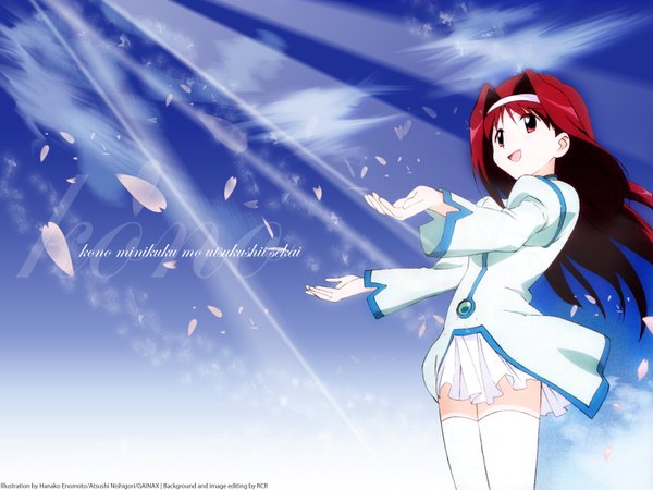 Anime picture 1600x1200 with kono minikuku mo utsukushii sekai akari (konomini) single long hair fringe open mouth red eyes standing looking away sky cloud (clouds) red hair long sleeves wind sunlight happy girl thighhighs petals white thighhighs