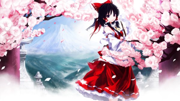 Anime picture 1920x1080 with touhou hakurei reimu iseki (kuroshura no tabiji) single long hair highres black hair red eyes wide image bare shoulders cherry blossoms mountain miko girl bow plant (plants) hair bow detached sleeves petals tree (trees)