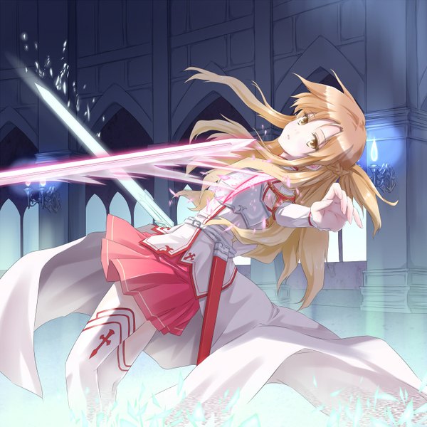 Anime picture 1500x1500 with sword art online a-1 pictures yuuki asuna hadi single long hair fringe brown hair brown eyes glowing girl thighhighs weapon detached sleeves white thighhighs sword armor candle (candles)