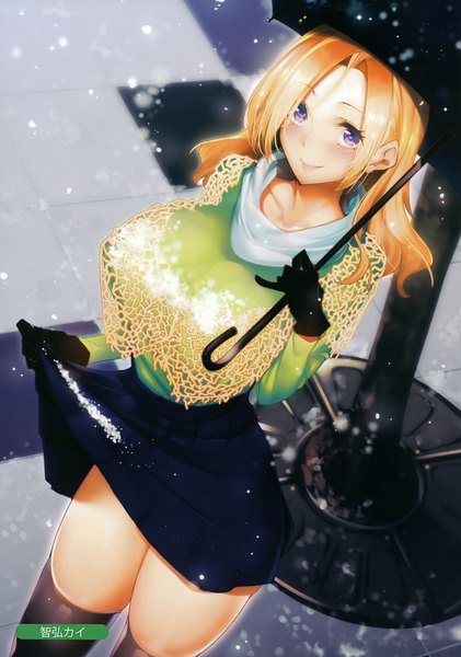 Anime picture 2459x3500 with melonbooks tomohiro kai single long hair tall image looking at viewer blush highres breasts light erotic blonde hair smile large breasts purple eyes holding outdoors from above scan snowing winter