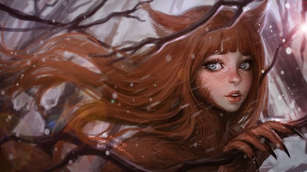 Anime picture 2000x1125 with ayyasap single long hair fringe highres open mouth brown hair wide image signed animal ears lips sunlight realistic teeth grey eyes snowing winter bare tree freckles girl