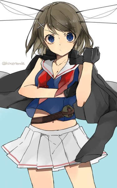 Anime picture 500x800 with kantai collection maya heavy cruiser hita (hitapita) single tall image looking at viewer fringe short hair blue eyes simple background brown hair signed bare belly girl gloves navel uniform hair ornament weapon black gloves