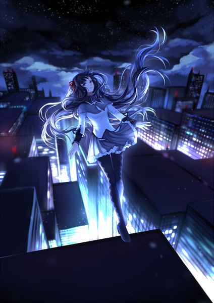 Anime picture 919x1300 with mahou shoujo madoka magica shaft (studio) akemi homura hei yu single tall image fringe black hair purple eyes full body long sleeves very long hair pleated skirt night night sky floating hair city cityscape falling girl