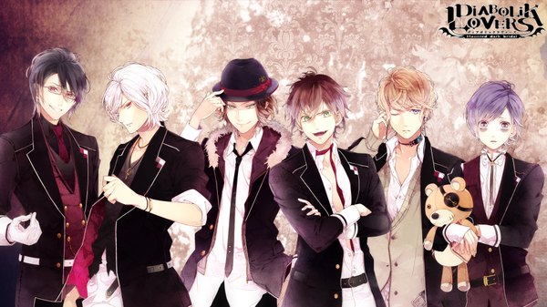 Anime picture 1920x1080 with diabolik lovers idea factory sakamaki shuu sakamaki subaru sakamaki ayato sakamaki kanato sakamaki reiji sakamaki raito looking at viewer highres short hair open mouth blue eyes blonde hair smile red eyes wide image purple eyes green eyes purple hair