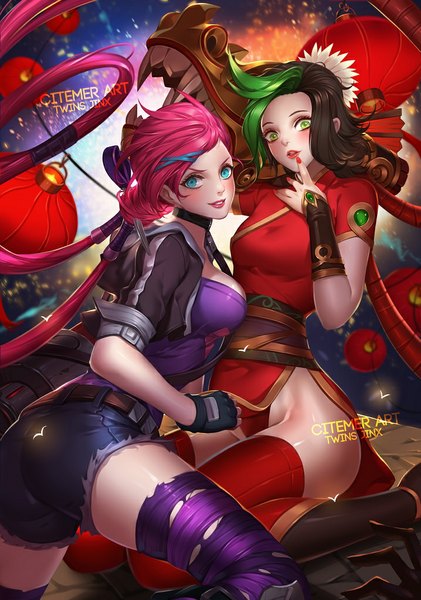 Anime picture 718x1024 with league of legends jinx (league of legends) gu-ko citemer long hair tall image blush breasts blue eyes light erotic black hair pink hair nail polish multicolored hair fingernails green hair lips two-tone hair streaked hair finger to mouth dual persona