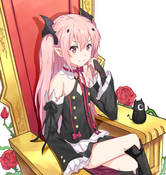 Anime picture 1000x1052 with owari no seraph wit studio kururu tepes arukanu kenkaizar long hair tall image fringe simple background smile hair between eyes white background sitting twintails bare shoulders payot looking away pink hair pink eyes from above