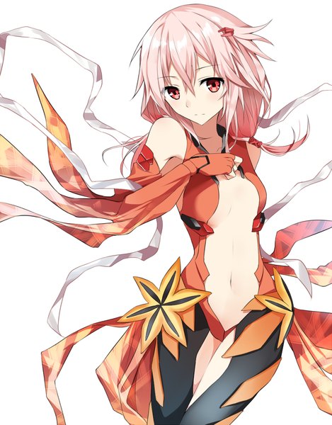 Anime picture 813x1040 with guilty crown production i.g yuzuriha inori tsuedzu single long hair tall image looking at viewer blush breasts light erotic simple background red eyes white background bare shoulders pink hair cleavage hand on chest flat chest girl